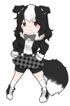  1girl animal_ears belt bike_shorts black_hair bow bowtie buttons dog_ears dog_tail fur_collar fur_trim gloves highres kemono_friends long_sleeves multicolored_hair original plaid plaid_skirt pleated_skirt shoes short_hair shorts_under_skirt skirt sneakers socks solo tail translation_request user_nngx7845 white_gloves white_hair 