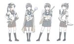  &gt;:) 4girls ayanami_(kantai_collection) belt bow_(weapon) braid brown_gloves brown_hair cape crossed_arms full_body gloves hands_on_hips highres isonami_(kantai_collection) kantai_collection long_hair looking_at_viewer multiple_girls pouch school_uniform serafuku sheath sheathed shield shikinami_(kantai_collection) shoulder_pads side_ponytail smile staff standing sword sword_behind_back twin_braids uranami_(kantai_collection) v wachi_(hati1186) weapon 