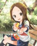  1girl brown_eyes brown_hair chair commentary_request feeding full_body highres hosoi_mieko karakai_jouzu_no_takagi-san long_hair looking_at_viewer obentou official_art open_mouth red_ribbon ribbon school_uniform serafuku simple_background skirt smile takagi-san thighs tree 