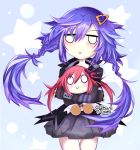  ankokuboshi_kurome black_hairclip blue_background blue_hair blush hair_ornament hairclip highres neptune_(series) redhead shin_jigen_game_neptune_vii signature star stuffed_toy tennouboshi_uzume yellow_hairclip yitsune_melody 