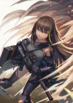 (9)_pai_bingxiang arm_strap armor armpits assault_rifle asymmetrical_legwear bangs brown_eyes brown_hair case clothes_around_waist collarbone detached_sleeves digi-mind_update_(girls_frontline) dust elbow_pads eyebrows_visible_through_hair floating_hair gauntlets girls_frontline gloves gun hair_between_eyes headset highres holding holding_gun holding_weapon jacket_around_waist light_particles long_hair m4_carbine m4a1_(girls_frontline) multicolored_hair open_mouth ribbed_sweater rifle scarf scope sidelocks smile smoke solo strap streaked_hair sweater sweater_vest torn_jacket two-tone_hair weapon weapon_case wind wind_lift 