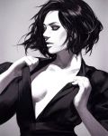  1girl breasts closed_eyes collarbone greyscale guweiz monochrome no_bra open_clothes open_shirt original parted_lips realistic short_hair short_sleeves small_breasts smile solo undressing upper_body 