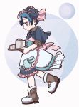  1boy absurdres apron blue_eyes blue_hair boots capelet commentary_request cup dress from_side hairband highres holding looking_down made_in_abyss maid male_focus maruruk pouch puffy_short_sleeves puffy_sleeves short_sleeves solo standing standing_on_one_leg trap tray usuki_(usukine1go) walking 