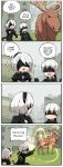 1boy 1girl 4koma animal back_cutout black_hairband blindfold chibi choker cleavage_cutout comic commentary covered_eyes english gameplay_mechanics hairband highres john_su mole mole_under_mouth moose nier_(series) nier_automata reticule side_slit silver_hair sparkle stitched yorha_no._2_type_b yorha_no._9_type_s 