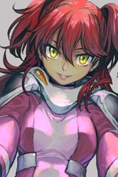  1girl bangs bodysuit earrings freckles gundam gundam_00 hankuri jewelry long_hair looking_at_viewer nena_trinity pilot_suit pink_bodysuit redhead solo two_side_up yellow_eyes 