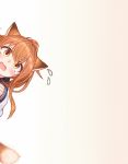  1girl animal_ears blue_eyes blush child eyebrows_visible_through_hair flying_sweatdrops fox_ears fox_tail gradient gradient_background highres inazuma_(kantai_collection) kantai_collection kemonomimi_mode long_hair long_sleeves looking_at_viewer open_mouth orange_hair peeking_out reitou_mikan school_uniform serafuku shiny shiny_hair sidelocks solo tail tareme upper_body yellow_background 