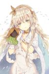  1girl anastasia_(fate/grand_order) artist_name bangs blue_eyes blush cape crossed_bangs crown doll dress eyebrows_visible_through_hair eyes_visible_through_hair fate/grand_order fate_(series) female gloves hair_between_eyes hairband highres holding holding_doll jewelry long_hair looking_at_viewer mini_crown necklace royal_robe silver_hair simple_background solo very_long_hair white_background white_dress white_gloves zahravoca_(annpratamav) 