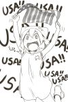  1girl @_@ al_bhed_eyes american_flag animal_hat armpits arms_up bangs boots cat_hat cowboy_shot denchuubou dress excited hair_between_eyes happy hat hood hoodie hoodie_dress hoodie_vest jumping medium_hair monochrome open_mouth original paw_print pins short_dress sidelocks sleeveless sleeveless_dress smile vest wide-eyed 