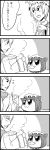 2girls 4koma :3 bkub blush chen comic earrings eyebrows_visible_through_hair food greyscale hat highres jewelry ladle monochrome multiple_girls pillow_hat pot shirt_tug simple_background sleeve_tug smile soup speech_bubble steam talking tasting touhou translation_request two-tone_background wide_sleeves yakumo_ran 