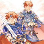  2boys armor blue_eyes breastplate cape father_and_son fire_emblem fire_emblem:_fuuin_no_tsurugi fire_emblem:_rekka_no_ken holding holding_sword holding_weapon looking_at_viewer multiple_boys pauldrons redhead smile sword weapon 