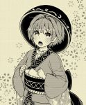  1girl bowl bowl_hat hair_intakes hat highres japanese_clothes kimono long_sleeves looking_up monochrome natsushiro obi object_on_head open_mouth sash solo sukuna_shinmyoumaru touhou wide_sleeves 