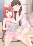  2girls bangs barefoot black_hair blunt_bangs blush bow closed_eyes collarbone dress fan green_eyes ha-ru hair_bow hair_over_shoulder hug kneeling kurosawa_dia kurosawa_ruby long_hair love_live! love_live!_school_idol_project love_live!_sunshine!! low_twintails magazine mole mole_under_mouth multiple_girls one_eye_closed open_mouth pajamas panties pantyshot pantyshot_(sitting) petting pink_dress pink_panties polka_dot polka_dot_panties redhead shorts siblings sisters sitting soles straight_hair summer sweat twintails underwear 