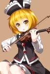  1girl blonde_hair bow_(instrument) eyebrows_visible_through_hair frilled_hat frills hair_between_eyes hat highres instrument long_sleeves lunasa_prismriver music open_mouth playing_instrument ruu_(tksymkw) short_hair simple_background sitting skirt skirt_set solo touhou violin yellow_eyes 