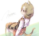  apron bow bowtie brown_hair kemono_friends long_sleeves multicolored_hair short_hair signature sitting skirt striped tatsuno_newo thigh-highs thylacine_(kemono_friends) thylacine_ears thylacine_tail 