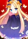  1girl abigail_williams_(fate/grand_order) bangs black_bow black_dress black_hat blonde_hair bloomers blue_eyes blush bow butterfly closed_mouth commentary_request dress eyebrows_visible_through_hair fate/grand_order fate_(series) forehead hair_bow hat highres insect long_hair long_sleeves looking_at_viewer mamel_27 object_hug orange_bow parted_bangs polka_dot polka_dot_bow red_background sleeves_past_fingers sleeves_past_wrists solo stuffed_animal stuffed_toy teddy_bear underwear very_long_hair white_bloomers 