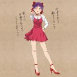  1girl amekasaikuta bangs bare_legs blush bow brooch choker commentary_request dress full_body gegege_no_kitarou hair_bow high_heels highres jewelry long_sleeves looking_at_viewer nekomusume nekomusume_(gegege_no_kitarou_6) open_mouth pointing pointy_ears purple_hair red_bow red_choker red_dress red_footwear shirt short_hair simple_background solo standing translation_request white_shirt yellow_eyes 