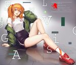  1girl alternate_costume arm_support blue_eyes breasts commentary_request fogriver full_body highres lipstick long_hair looking_at_viewer makeup nail_polish neon_genesis_evangelion orange_hair shirt sitting solo souryuu_asuka_langley twintails white_shirt 