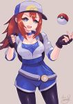  1girl baseball_cap blush breasts female_protagonist_(pokemon_go) fingerless_gloves gloves hat jumpsuit leggings long_hair poke_ball pokemon pokemon_go ponytail redhead smile solo 