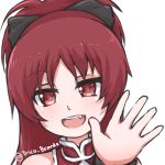  1girl :d bare_shoulders black_bow bow disco_brando fang hair_bow long_hair lowres mahou_shoujo_madoka_magica open_mouth ponytail red_eyes redhead sakura_kyouko smile solo transparent_background twitter_username upper_body waving wristband 