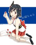 1girl all_fours black_hair character_name flower hair_ornament japanese_clothes kantai_collection looking_at_viewer nontraditional_miko pleated_skirt red_eyes red_skirt sagamiso short_hair skirt socks solo twitter_username yamashiro_(kantai_collection) younger 
