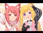  2girls :d animal_ears arm_up bangs black_bow black_gloves black_jacket blonde_hair blush bow cat_ears elise_(fire_emblem_if) eyebrows_visible_through_hair fang fangs fingerless_gloves fire_emblem fire_emblem_if flower fur_collar gloves hair_bow hair_ornament head_tilt jacket japanese_clothes kemonomimi_mode kimono long_hair multicolored_hair multiple_girls open_mouth paw_pose pink_bow pink_gloves purple_hair red_eyes redhead rose sakura_(fire_emblem_if) sidelocks sleeveless sleeveless_kimono smile streaked_hair striped transistor twintails vertical_stripes very_long_hair violet_eyes white_flower white_kimono white_rose 