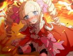  1girl beatrice_(re:zero) blonde_hair blue_eyes blurry blush clenched_teeth crown crying crying_with_eyes_open depth_of_field dress drill_hair fire hair_ribbon hands_on_own_face head_tilt long_hair looking_at_viewer mini_crown nose_blush on_floor re:zero_kara_hajimeru_isekai_seikatsu ribbon shake_sawa sitting solo tears teeth twin_drills 