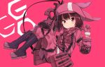  1girl animal_ears animal_hat bandanna bangs black_footwear blush boots brown_hair bullpup bunny_hat cabbie_hat closed_mouth commentary eyebrows_visible_through_hair full_body fur-trimmed_gloves fur-trimmed_jacket fur_trim gloves gun hat holding holding_gun holding_weapon ivan_wang jacket knee_boots llenn_(sao) looking_at_viewer p90 pants pink_background pink_bandana pink_gloves pink_hat pink_jacket pink_pants rabbit_ears solo submachine_gun sword_art_online sword_art_online_alternative:_gun_gale_online violet_eyes weapon 