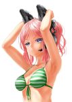  1girl armpits arms_up bangs bare_arms bare_shoulders bikini blue_eyes breasts closed_mouth collarbone front-tie_top green_bikini green_ribbon headgear headset keane912 long_hair looking_afar looking_to_the_side medium_breasts original parted_bangs pink_hair ponytail ribbon serious shiny shiny_hair sidelocks simple_background solo sparkling_eyes striped striped_bikini swimsuit under_boob upper_body v-shaped_eyebrows white_background 