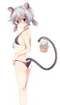  1girl animal_ears ass bare_shoulders bespectacled bikini black_bikini blush breasts bucket glasses grey_hair halter_top halterneck highres jewelry looking_at_viewer low_twintails maturiuta_sorato mouse mouse_ears mouse_tail nazrin pendant red-framed_eyewear red_eyes semi-rimless_eyewear sideboob simple_background small_breasts solo standing swimsuit tail touhou twintails under-rim_eyewear water wavy_mouth white_background 