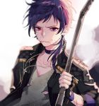  1boy blue_hair choker crowbar ear_piercing ensemble_stars! fingerless_gloves fushimi_yuzuru gloves highres jacket leather leather_jacket long_hair mole piercing ponytail spoilers violet_eyes younger 