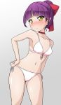  1girl bangs bikini blunt_bangs bow breasts choker cowboy_shot front-tie_top gegege_no_kitarou grey_background hair_bobbles hair_bow hair_ornament kayama_kenji leaning_forward looking_at_viewer nekomusume_(gegege_no_kitarou_6) pointy_ears purple_choker purple_hair red_bow short_hair side-tie_bikini simple_background small_breasts solo swimsuit white_bikini yellow_eyes 