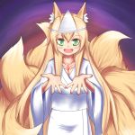  1girl :d alternate_costume animal_ears blonde_hair commentary_request fang fox_ears fox_tail green_eyes highres japanese_clothes kimono kitsune kyuubi long_hair looking_at_viewer mon-musu_quest! multiple_tails open_hands open_mouth ruinluin slit_pupils smile solo tail tamamo_(mon-musu_quest!) tattoo triangular_headpiece white_kimono 