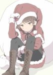  1girl alternate_costume black_legwear blush boots brown_eyes brown_footwear brown_hair capelet cross-laced_footwear fur-trimmed_capelet gift_bag gloves hat highres kantai_collection looking_at_viewer pantyhose pom_pom_(clothes) santa_costume santa_hat shikinami_(kantai_collection) sitting solo wachi_(hati1186) white_gloves 