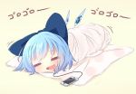  1girl =_= akisha bad_id bad_pixiv_id bangs bedroll blue_bow blue_hair bow cable cellphone cirno drooling eyebrows_visible_through_hair ice ice_wings light_blush lowres open_mouth phone polka_dot rolled rolling short_hair simple_background smartphone smile solo touhou translated wings 
