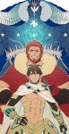 3boys abs ahoge beard brown_hair cape closed_mouth cowboy_shot faceless facial_hair fate/grand_order fate/prototype fate/prototype:_fragments_of_blue_and_silver fate/zero fate_(series) fur_trim grin hand_on_hip hands_on_hips height_difference highres ivan_the_terrible_(fate/grand_order) looking_at_viewer male_focus multiple_boys muscle ozymandias_(fate) red_cape red_eyes redhead rider_(fate/zero) simple_background smile staff standing takashi_(huzakenna) toned toned_male white_background white_cape yellow_eyes 