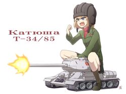  blonde_hair blue_eyes emblem girls_und_panzer ground_vehicle hairband katyusha military military_vehicle motor_vehicle pravda_(emblem) pravda_military_uniform russian shao_(newton) short_hair t-34 tank tank_desant 