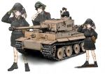  2girls blonde_hair blue_eyes breasts eyepatch green_eyes ground_vehicle hat headphones iron_cross kepi kurokishi_monogatari light_brown_hair military military_vehicle motor_vehicle multiple_girls nakamura_3sou smile tank tiger_i twintails white_background 