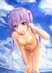  1girl :d bent_over bikini blush breasts clouds collarbone day eyebrows_visible_through_hair gluteal_fold hand_on_own_knee lavender_hair lingerie_(aki3240) long_hair looking_at_viewer navel new_game! open_mouth outdoors side-tie_bikini sky small_breasts smile solo sparkle sunlight suzukaze_aoba swimsuit twintails twitter_username very_long_hair violet_eyes water_drop 