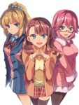  3girls :d black_legwear blonde_hair blue_coat blue_eyes blue_scrunchie bow bowtie brown_bow brown_coat brown_hair brown_neckwear character_request chiharu_(9654784) coat cowboy_shot eyebrows_visible_through_hair glasses gloves grey_skirt hair_between_eyes hair_ornament hair_scrunchie high_ponytail highres karuizawa_kei long_hair looking_at_viewer miniskirt multiple_girls open_clothes open_coat open_mouth pantyhose pink_hair pleated_skirt purple_coat red-framed_eyewear red_gloves red_skirt sakura_airi scrunchie semi-rimless_eyewear shiny shiny_skin simple_background skirt smile standing sweatdrop sweater thigh-highs under-rim_eyewear white_background white_skirt winter_clothes winter_coat yellow_sweater youkoso_jitsuryoku_shijou_shugi_no_kyoushitsu_e zettai_ryouiki 