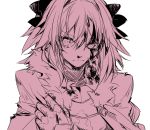  1boy :| astolfo_(fate) bangs blood blood_on_face bloody_clothes bow citron_82 closed_mouth commentary_request emblem eyebrows_visible_through_hair fate/apocrypha fate_(series) fur-trimmed_cloak fur_collar gauntlets gorget hair_between_eyes hair_bow hair_intakes half-closed_eyes hand_up injury long_hair long_sleeves looking_at_viewer male_focus monochrome parted_bangs shirt simple_background sketch solo tears torn_cloak torn_clothes trap turtleneck uneven_eyes upper_body v-shaped_eyebrows 