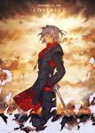  1boy antonio_salieri_(fate/grand_order) burning cross dated english fate/grand_order fate_(series) formal grey_hair hands_in_pockets highres medallion profile red_eyes scarf suit twinkle_twinkle_little_star twitter_username yai_(hachihito) 