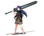  1girl barefoot blue_capelet capelet closed_mouth crossover dark_souls_ii flask full_body green_eyes hair_ornament hair_scrunchie highres huge_weapon legs_apart long_hair love_live! love_live!_school_idol_project murasaki_saki over_shoulder pouch purple_hair robe scrunchie shadow simple_background smile solo souls_(from_software) standing sword sword_over_shoulder toujou_nozomi two-handed weapon weapon_over_shoulder white_background 