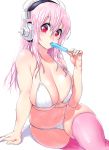  1girl bikini breasts commentary_request food headphones large_breasts long_hair looking_at_viewer nipples nitroplus onsoku_maru pink_hair pink_legwear popsicle red_eyes simple_background sitting solo super_sonico swimsuit thigh-highs white_background white_bikini 