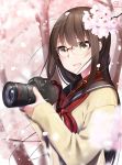  1girl :d blurry blurry_background blurry_foreground blush brown_hair buckle camera canon_(company) cardigan cherry_blossoms depth_of_field flower glasses highres holding holding_camera long_hair long_sleeves looking_at_viewer neckerchief nekobaka open_mouth original over-rim_eyewear petals pink_flower red-framed_eyewear red_neckwear school_uniform semi-rimless_eyewear serafuku sleeves_past_wrists smile solo spring_(season) tree two-handed upper_body yellow_cardigan 