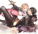  1boy 1girl all_fours belial_(granblue_fantasy) belt black_footwear black_hair black_pants black_shirt blonde_hair blood blood_on_face bloody_clothes boots breasts cleavage djeeta_(granblue_fantasy) dress eye_contact gauntlets girl_on_top granblue_fantasy grin hairband highres hinahino holding holding_sword holding_weapon looking_at_another lying medium_breasts midriff on_back pants pink_dress pink_hairband red_ribbon ribbon shirt short_dress short_hair simple_background smile spiky_hair stomach sword thigh-highs thigh_boots weapon white_background yellow_eyes 