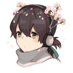  1girl blue_ribbon brown_eyes brown_hair cherry_blossoms close-up eyebrows_visible_through_hair folded_ponytail hair_between_eyes hair_ribbon headphones kantai_collection long_hair petals remodel_(kantai_collection) ribbon scarf simple_background solo taiyou_(kantai_collection) tareme white_background yamashiki_(orca_buteo) 