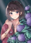  1girl bare_shoulders black_hair blurry blurry_background blush braid collarbone depth_of_field dress flower green_eyes hair_over_shoulder head_tilt highres holding holding_hair hydrangea jewelry konata_(knt_banri) leaf lips long_hair necklace off-shoulder_dress off_shoulder original outdoors parted_lips pendant plant purple_flower red_dress rose shiny shiny_hair single_braid smile solo tareme upper_body yellow_flower yellow_rose 