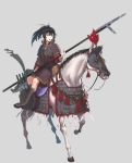  1boy armor black_hair chinese_commentary commentary_request fangdan_runiu grey_background headband highres holding holding_weapon horse japanese_armor knife military naginata open_mouth original polearm ponytail sidesaddle simple_background solo weapon 