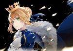  1girl artoria_pendragon_(all) black_background blonde_hair blue_ribbon breastplate crown fate/stay_night fate_(series) fur_trim green_eyes hair_ribbon looking_at_viewer masabodo parted_lips ribbon saber short_hair_with_long_locks sidelocks simple_background solo upper_body 