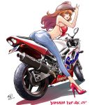  1girl ass bikini bikini_top breasts brown_eyes cowboy_hat dated denim from_behind ground_vehicle hand_on_headwear hat hat_tip high_heels highres jeans large_breasts lips long_hair looking_at_viewer looking_back lupin_iii mine_fujiko motor_vehicle motorcycle no_shirt open_mouth orange_hair pants red_bikini saitou_sakae signature simple_background sitting solo straddling swimsuit twisted_torso under_boob yamaha 